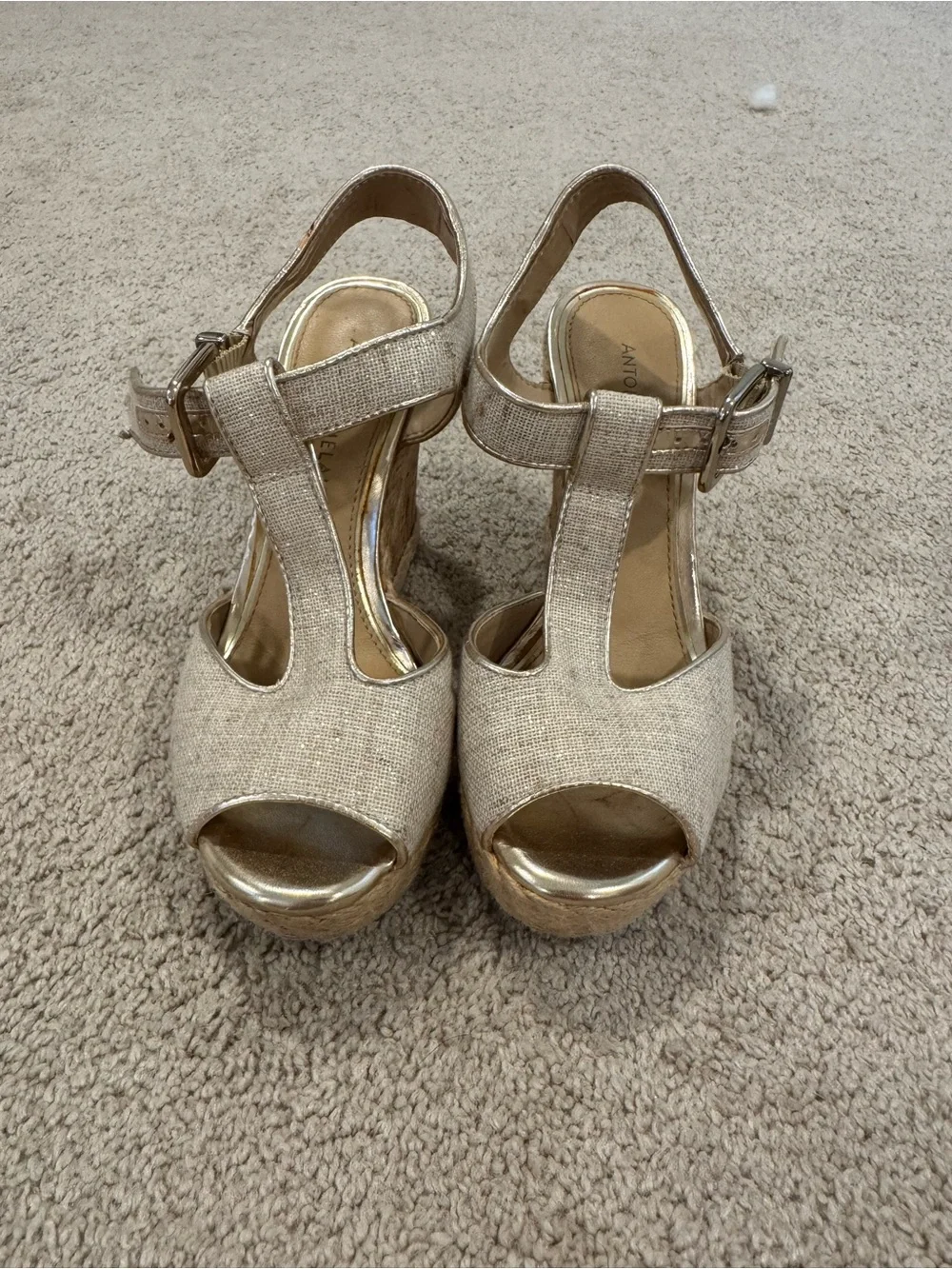 ANTONIO MELANI Gold Linen T-Strap Platform Wedges